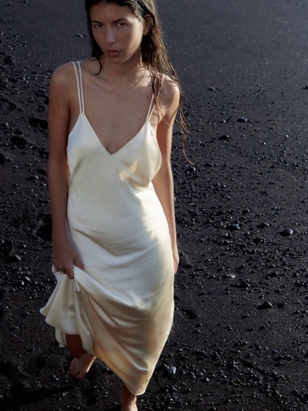 Zara Satin Slip Midi Dress in Ivory